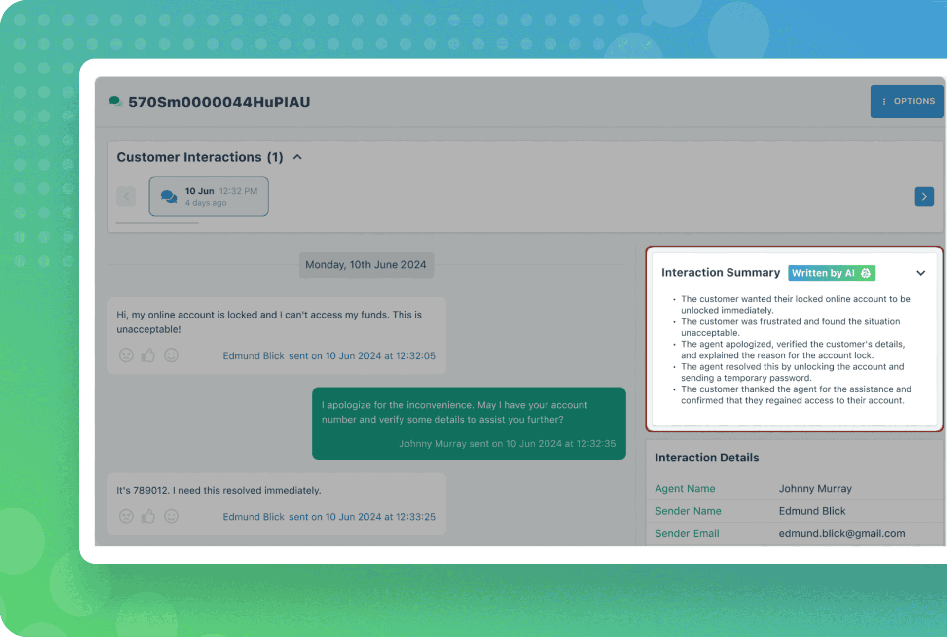 An interaction summary of a customer interaction using Gen AI in EdgeTier. 