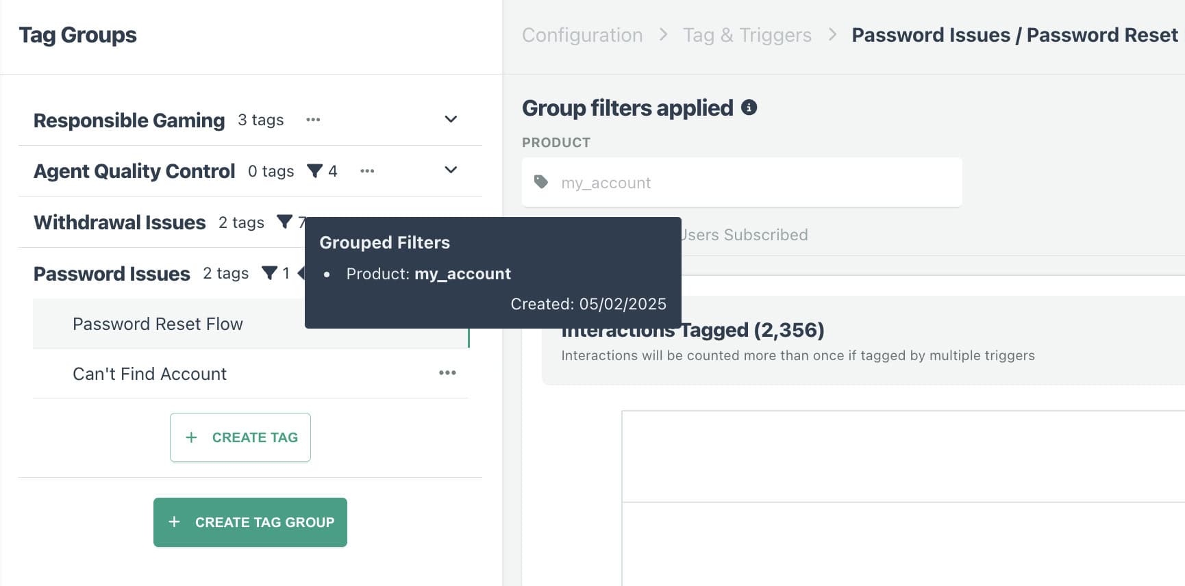 Group filters for tags in customer analytics platform