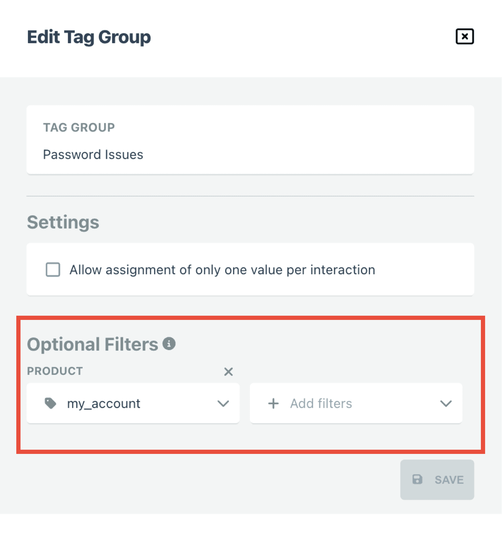 Editing a tag group filter for customer conversations in customer support platform