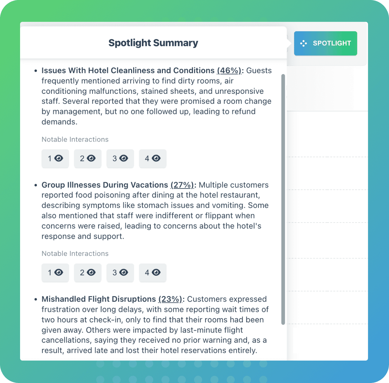 spotlight summary for a travel agency. Using AI to understand customer frustration across group of conversations. 