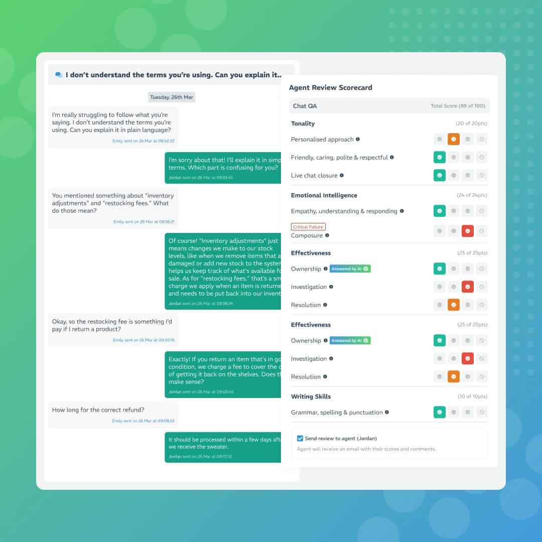 A look at modern customer service QA in action via EdgeTier's AI-powered system that human analysts can use to review and evaluate contact center agent interactions. The image showcases the conversation on the left and the QA scorecard on the right with guidelines and metrics. 